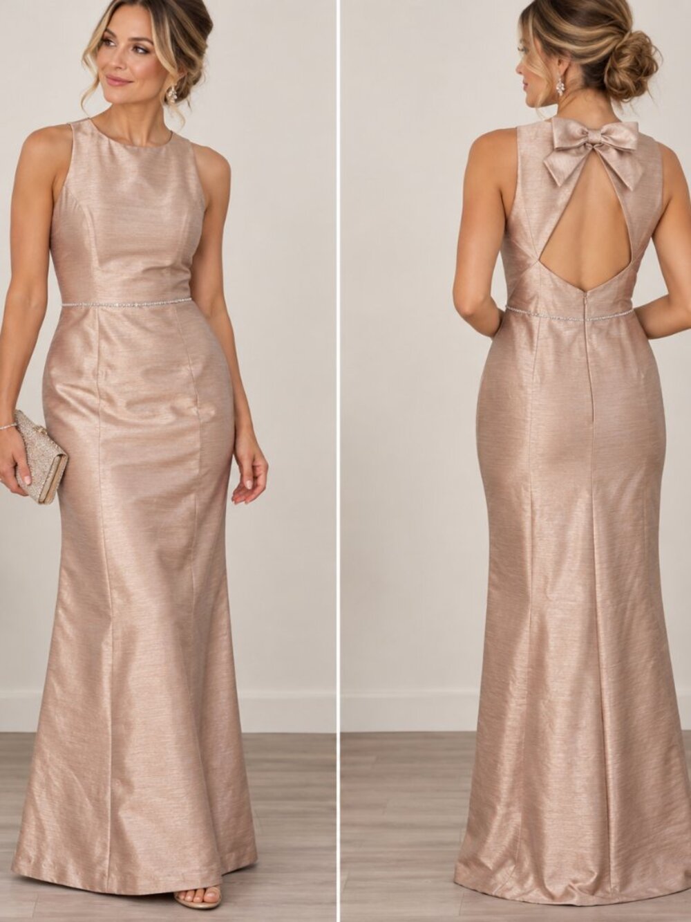 NWT ALFRED SUNG Pearl Pink Formal Cocktail Bridesmaid Bow Accent Evening Dress